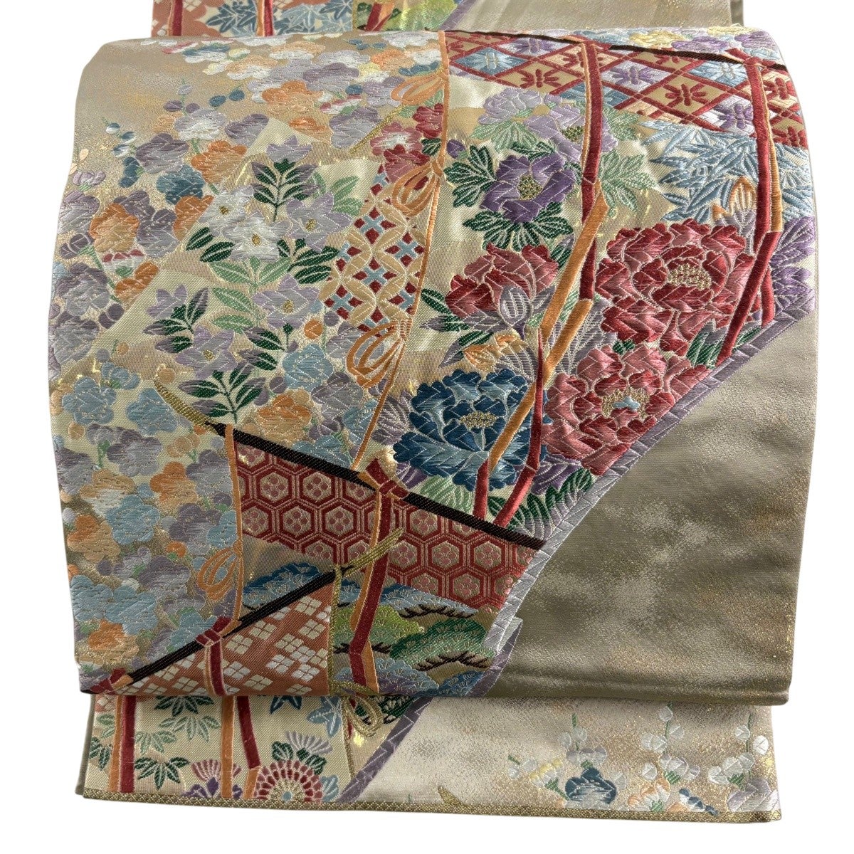 美品】 袋帯 秀品 関西仕立て 几帳 松竹梅 箔 金糸 ベージュ 六通 正絹