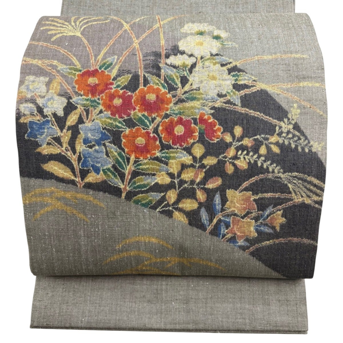 開き名古屋帯 秀品 紬地 秋草 芝 灰色 正絹｜中古・古着・リサイクル