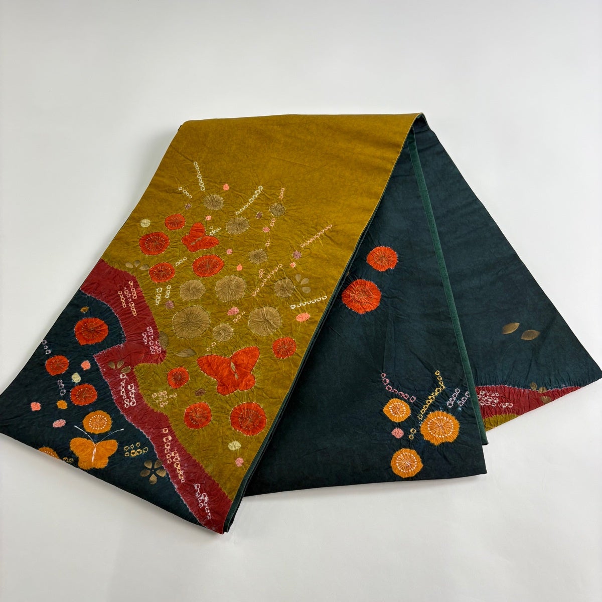 袋帯 秀品 紬地 蝶 草花 金彩 深緑 お太鼓柄 正絹｜中古・古着