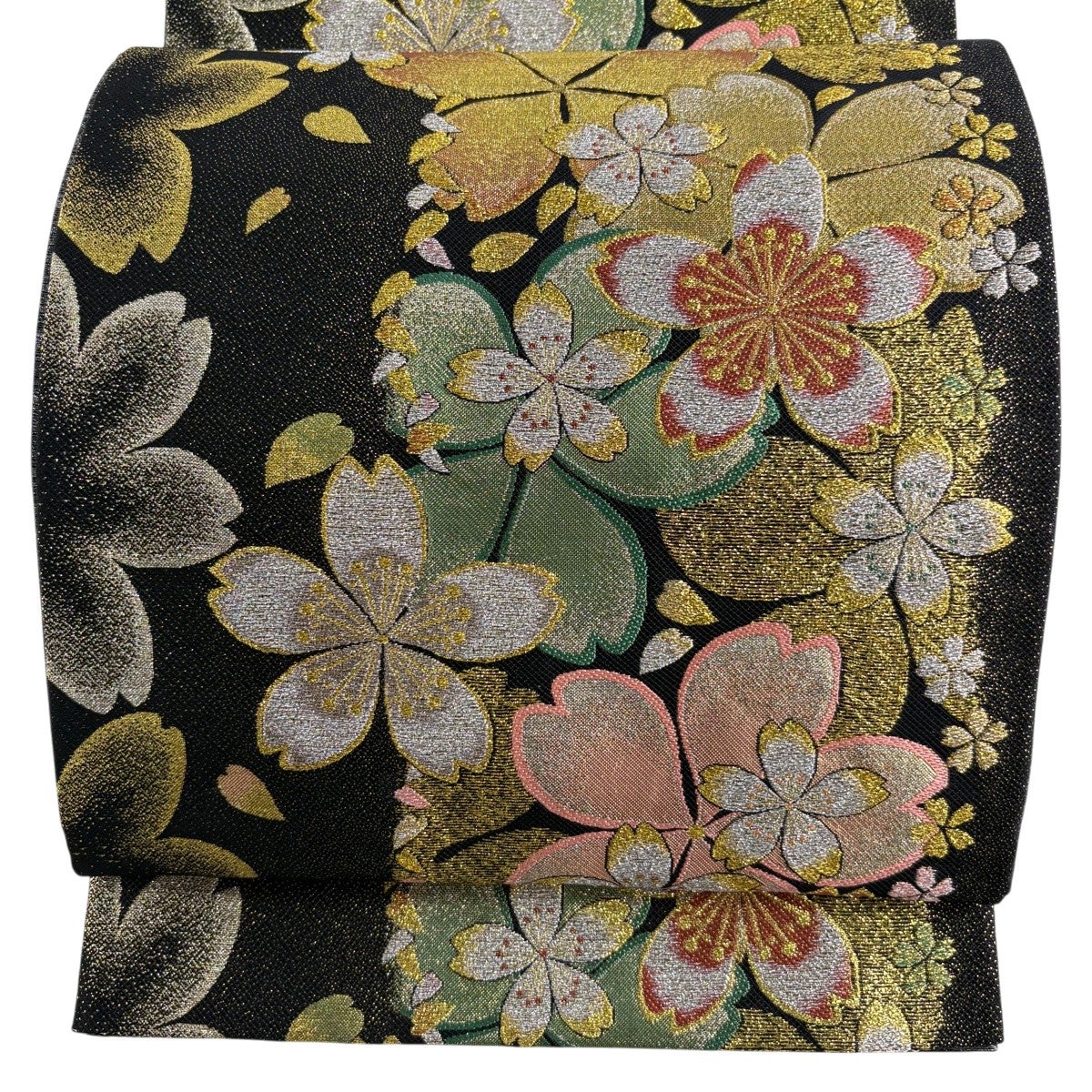美品】 袋帯 秀品 振袖向き 桜 桜の花びら 箔 金銀糸 黒 六通 正絹