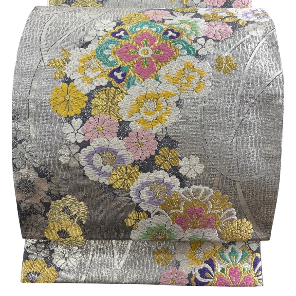 袋帯 秀品 華文 草花 金糸 刺繍 銀色 六通 正絹｜中古・古着