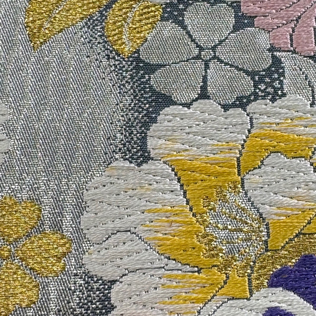 袋帯 秀品 華文 草花 金糸 刺繍 銀色 六通 正絹｜中古・古着