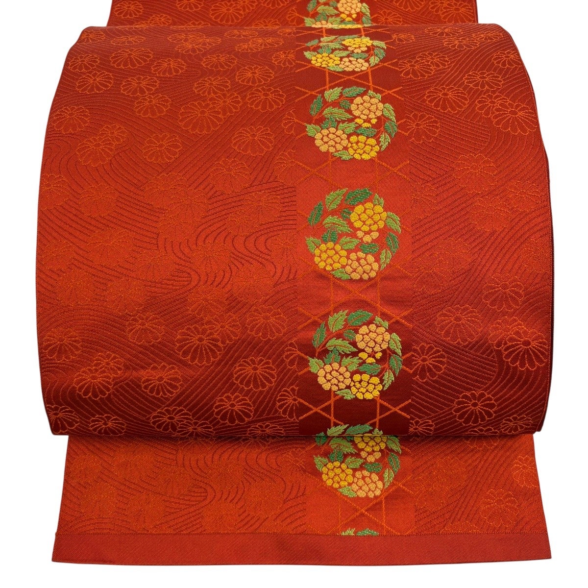 美品】 名古屋帯 優品 松葉仕立て 八寸名古屋帯 花丸文 菊 朱色 正絹
