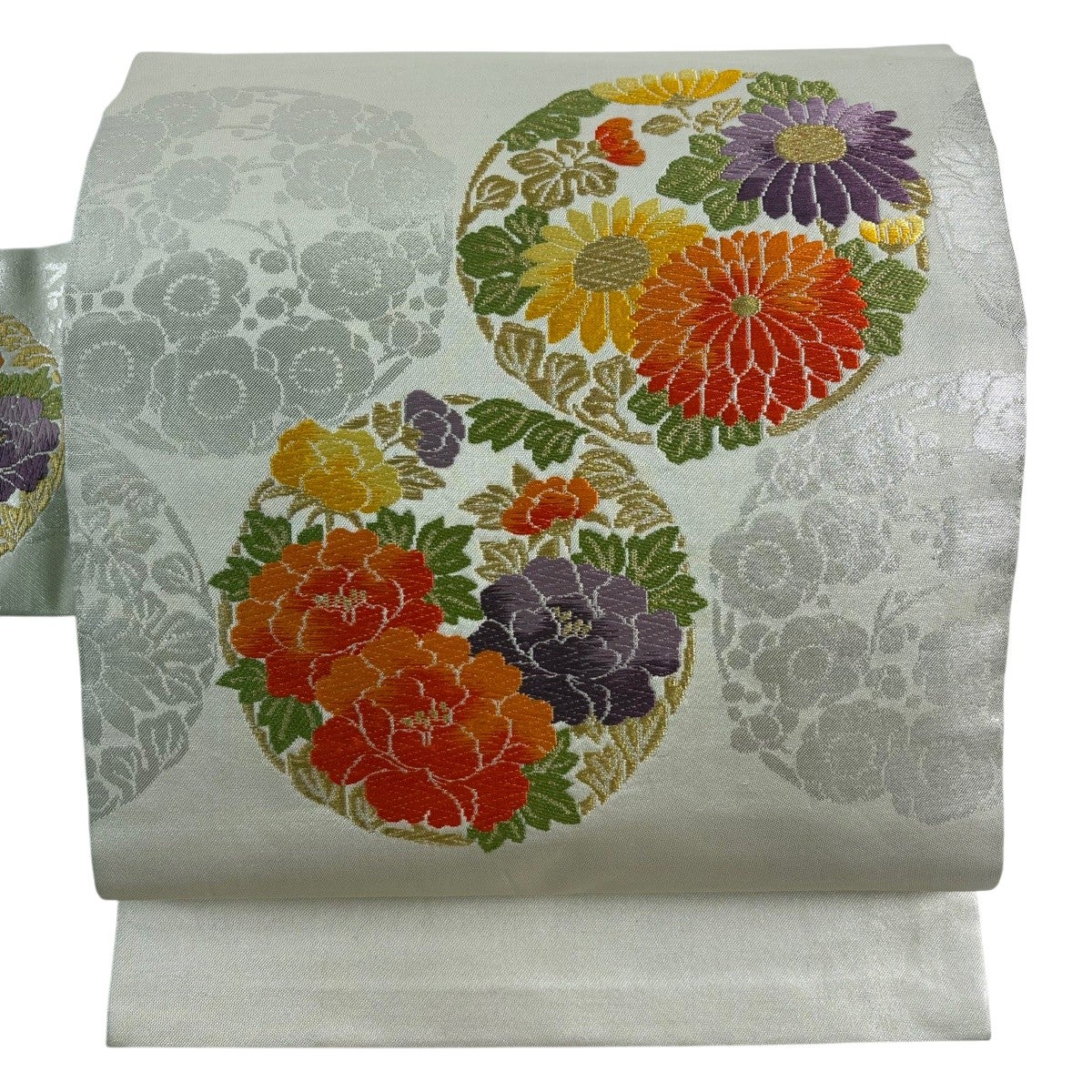 名古屋帯 優品 草花 花丸文 金糸 箔 銀色 正絹｜中古・古着