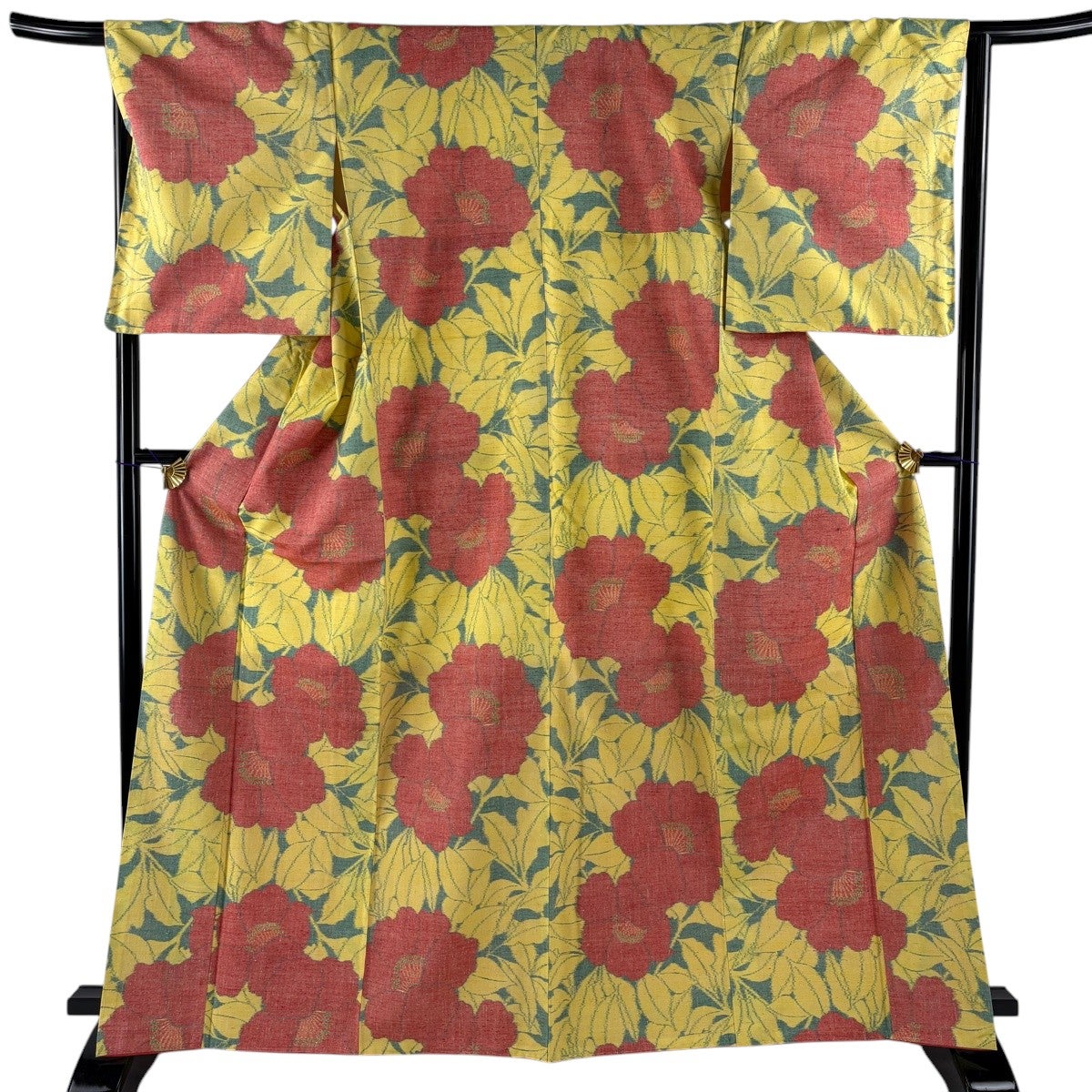 美品】 紬 身丈165cm 裄丈66.5cm M 袷 草花 黄色 正絹 優品｜中古