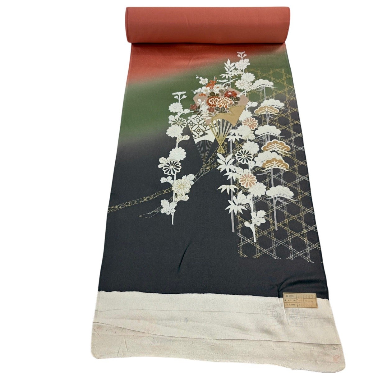 反物 秀品 付下げ 扇 草花 金銀彩 ぼかし 朱色 正絹｜中古・古着