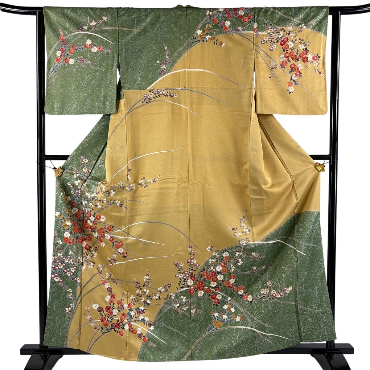訪問着 身丈161cm 裄丈62.5cm S 袷 菊 萩 金糸 金銀彩 灰緑 正絹 秀品