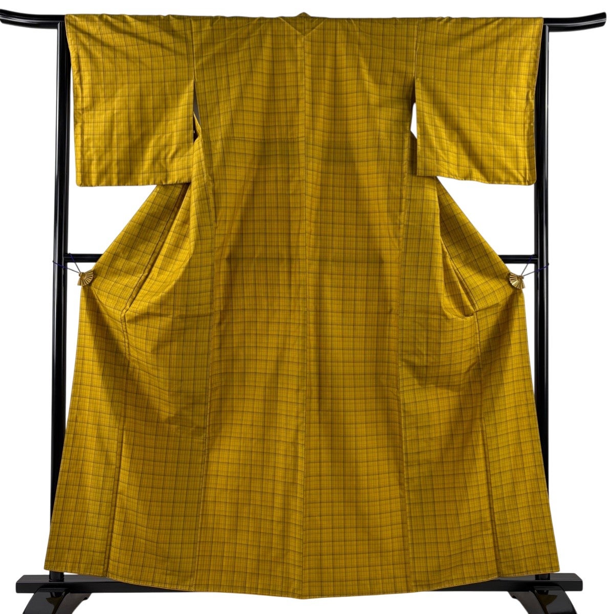 美品】 紬 身丈159.5cm 裄丈64cm M 袷 格子 山吹色 正絹 逸品｜中古