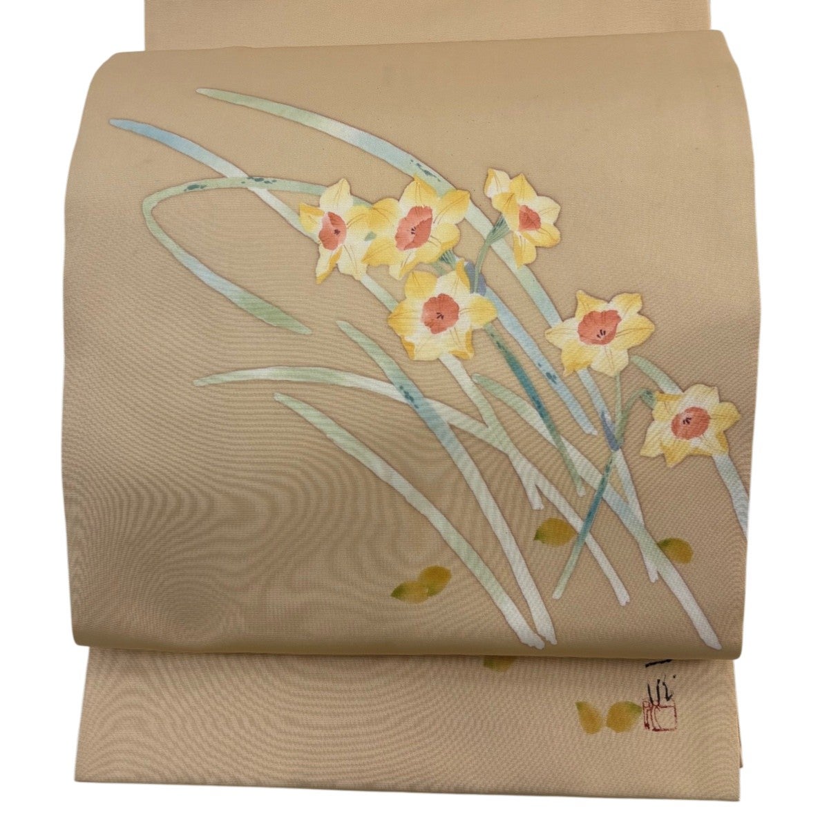 開き名古屋帯 名品 落款あり 夏帯 紫陽花 ベージュ 正絹｜中古・古着