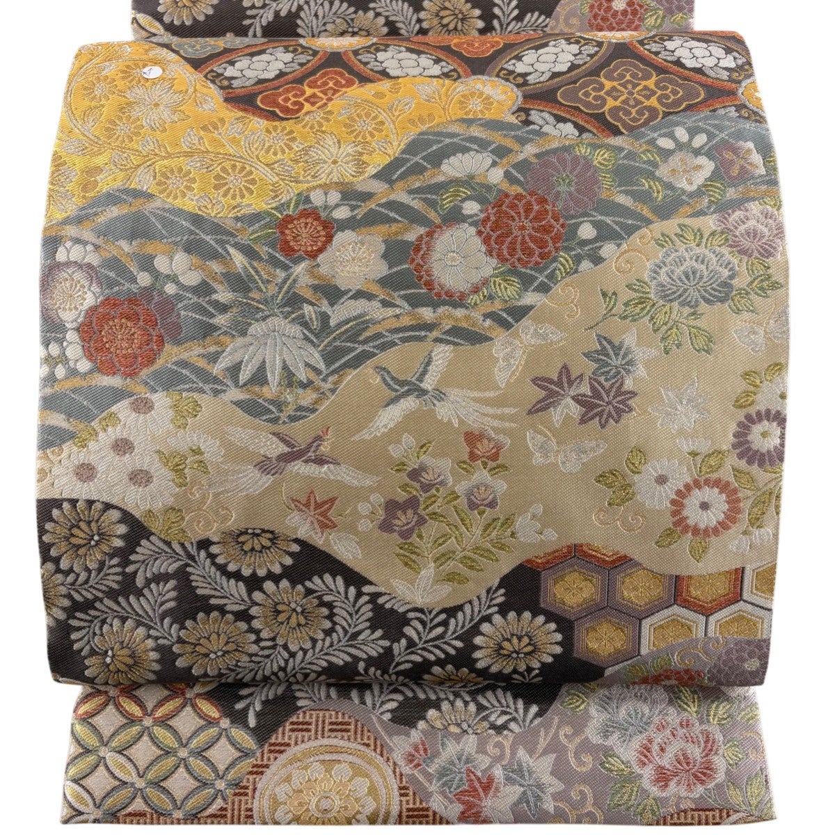 袋帯 美品 秀品 七宝華文 鳥 金銀糸 唐織 灰緑 六通 正絹 中古