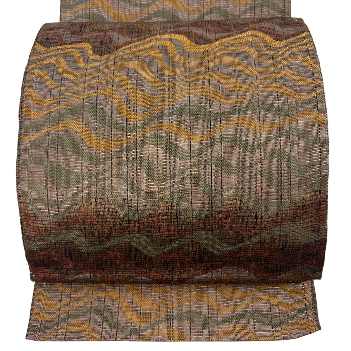 袋帯 秀品 紬地 縞 箔 青灰色 全通 正絹｜中古・古着・リサイクル着物