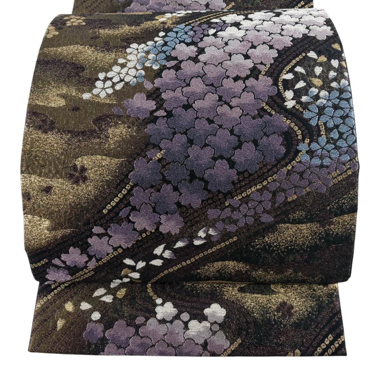 袋帯 秀品 桜 花びら 金銀糸 箔 灰茶 六通 正絹｜中古・古着
