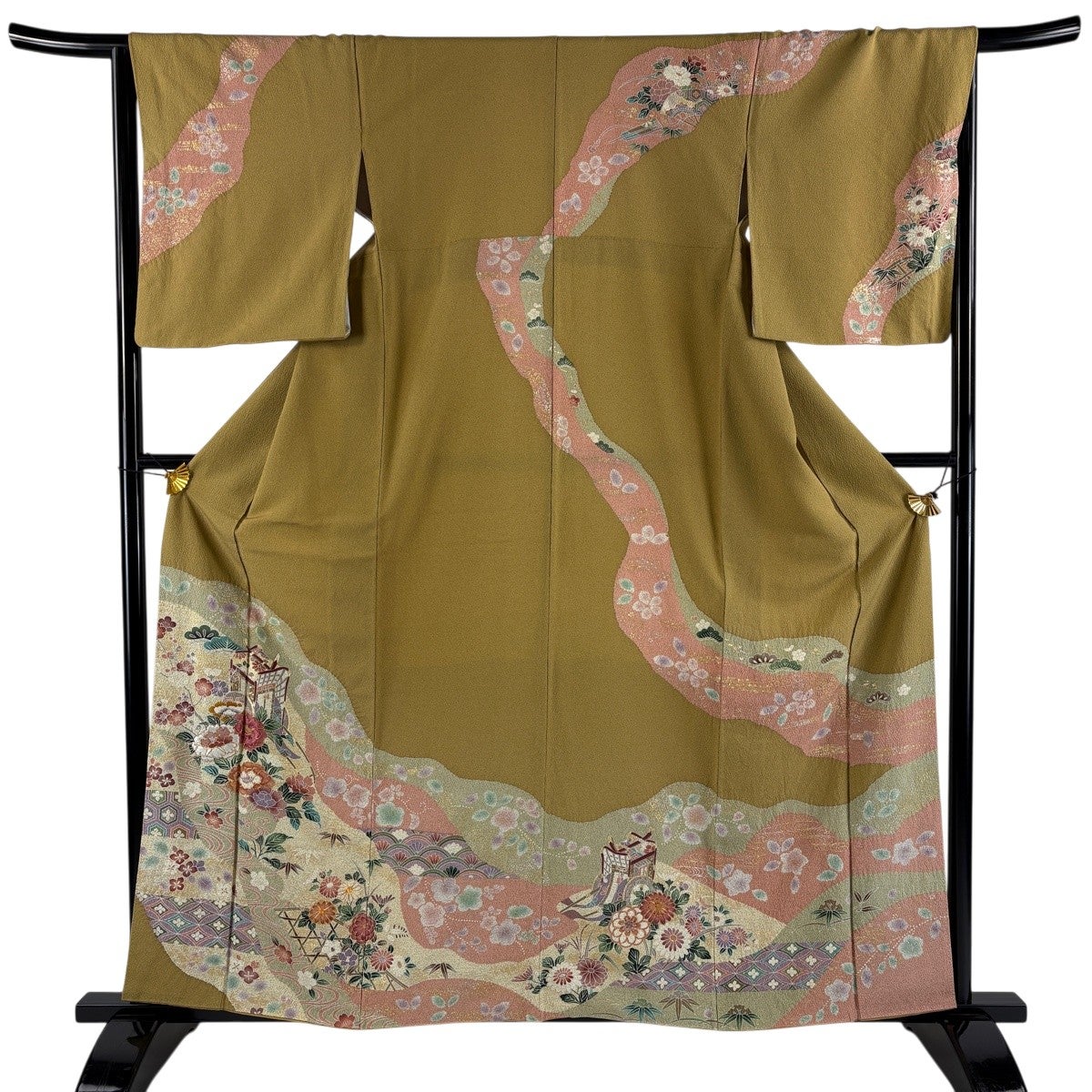 訪問着 身丈160.5cm 裄丈65cm M 袷 扇面 草花 刺繍 金銀彩 灰色 正絹