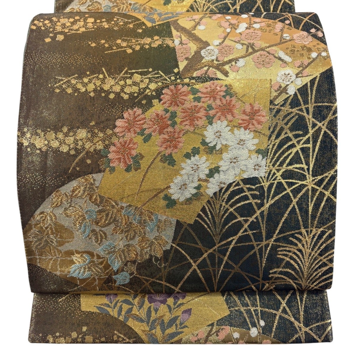 袋帯 秀品 草花 亀甲 金銀糸 箔 金色 六通 正絹｜中古・古着