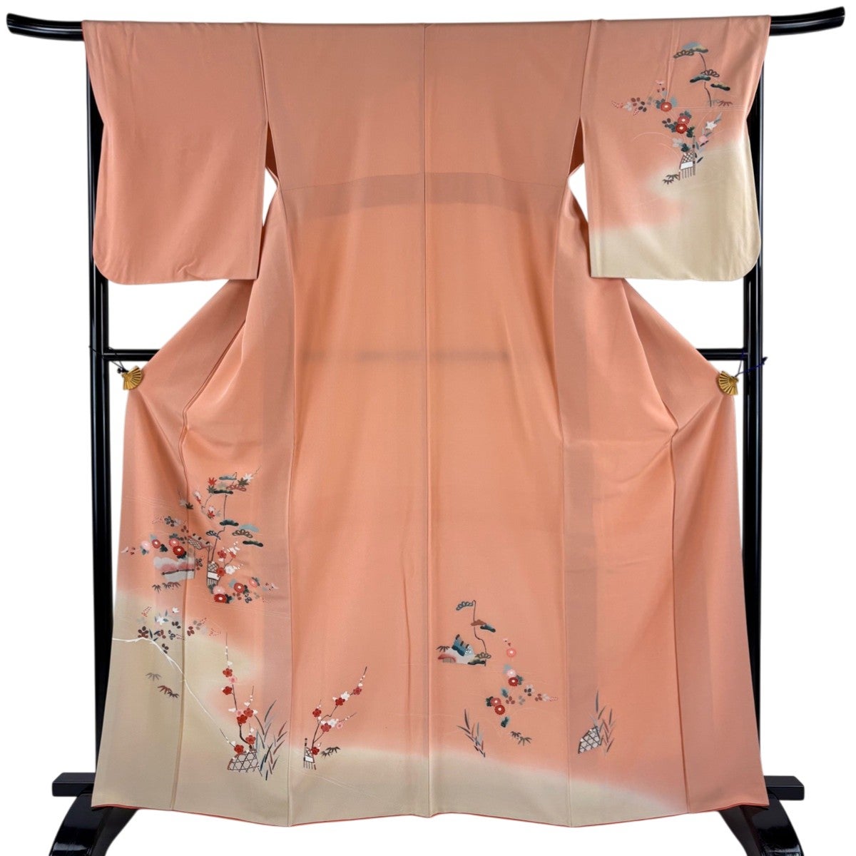 「縁」151ｃｍ～158ｃｍ 一越地 松竹梅 本加工染 訪問着 正絹 Ｉ３５７ 訪問着 身丈158cm 裄丈67.5cm L 袷 扇 松竹梅 金糸 ぼかし 灰緑 正絹