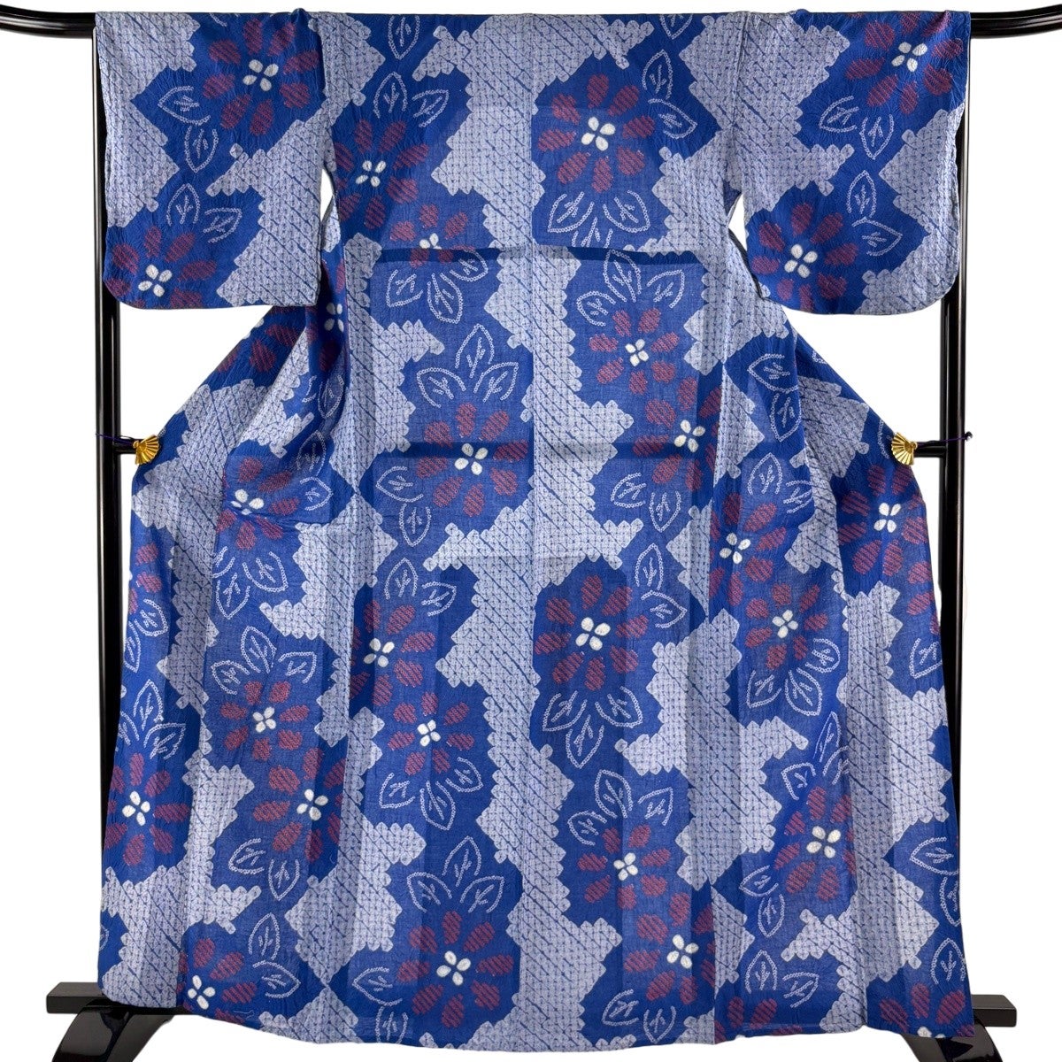 美品】 浴衣 身丈151.5cm 裄丈64cm M 絞り浴衣 草花 黒 綿 名品｜中古