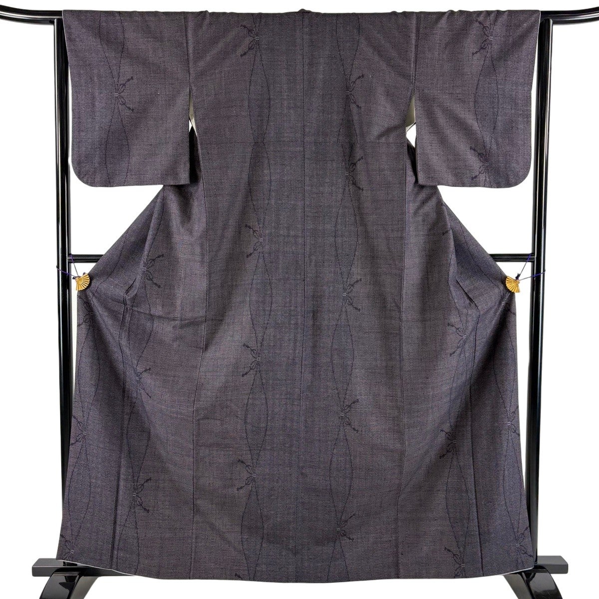 紬 身丈161.5cm 裄丈67cm M 単衣 草花 亀甲絣 濃紺 正絹 逸品｜中古