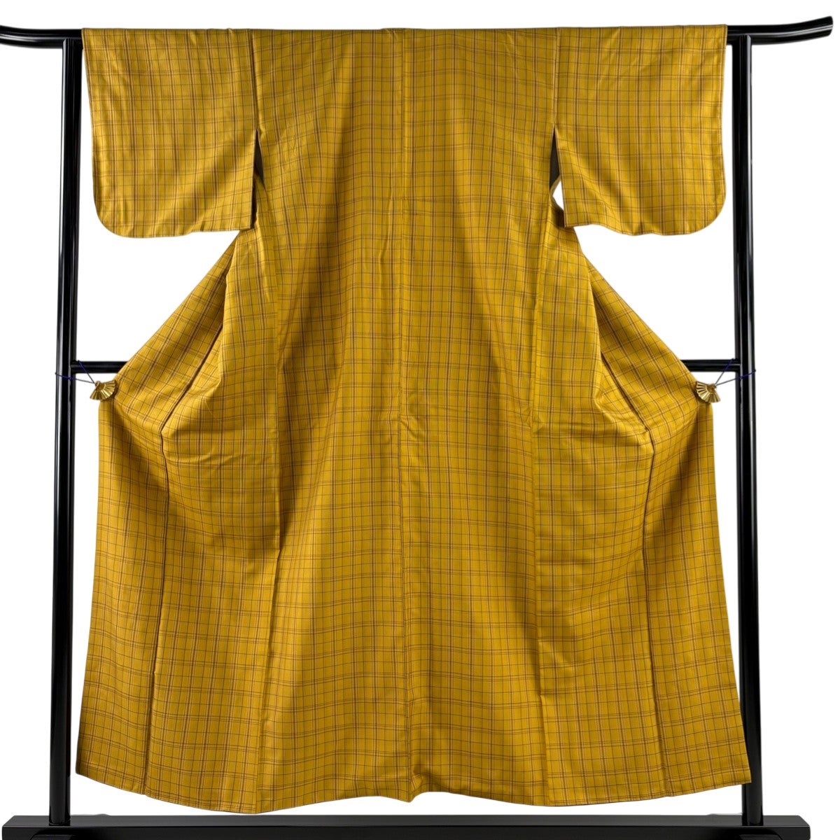 紬 身丈156cm 裄丈64cm M 袷 格子 山吹茶色 正絹 逸品｜中古・古着