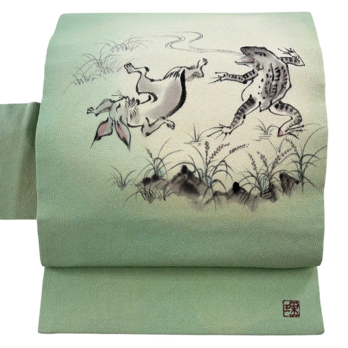 40%OFF 名古屋帯 逸品 落款あり 鳥獣戯画 縮緬 薄緑 正絹 K30｜中古