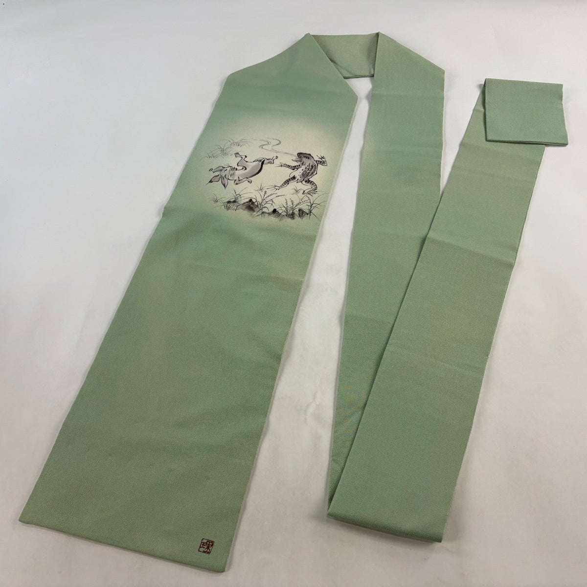 名古屋帯 逸品 落款あり 鳥獣戯画 縮緬 薄緑 正絹｜中古・古着