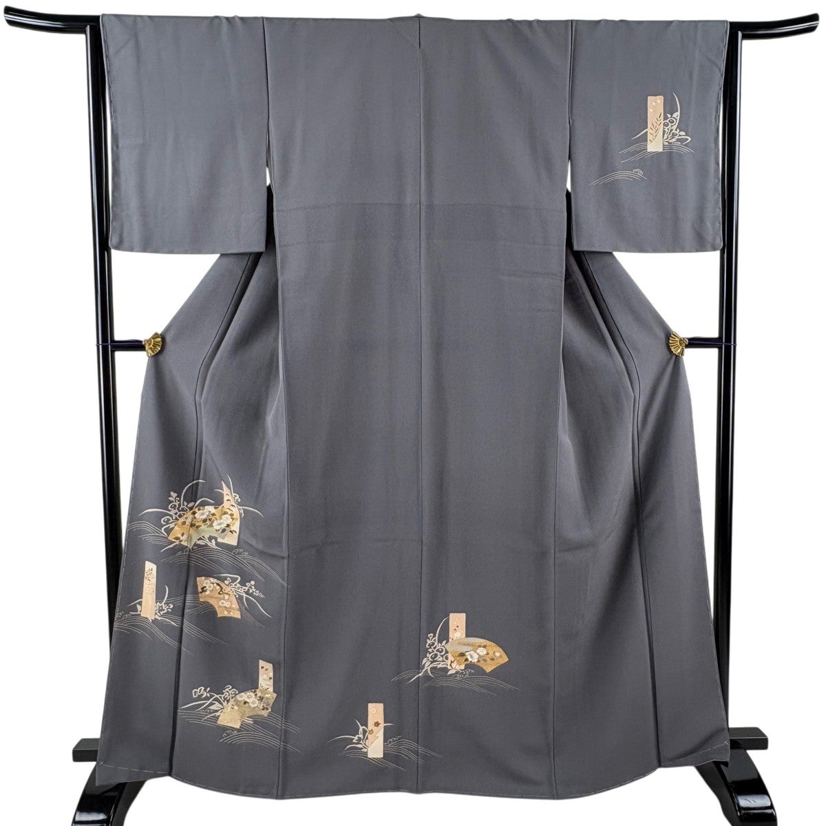 付下げ 身丈160.5cm 裄丈63cm S 袷 草花 疋田 絞り 黒灰 正絹 秀品