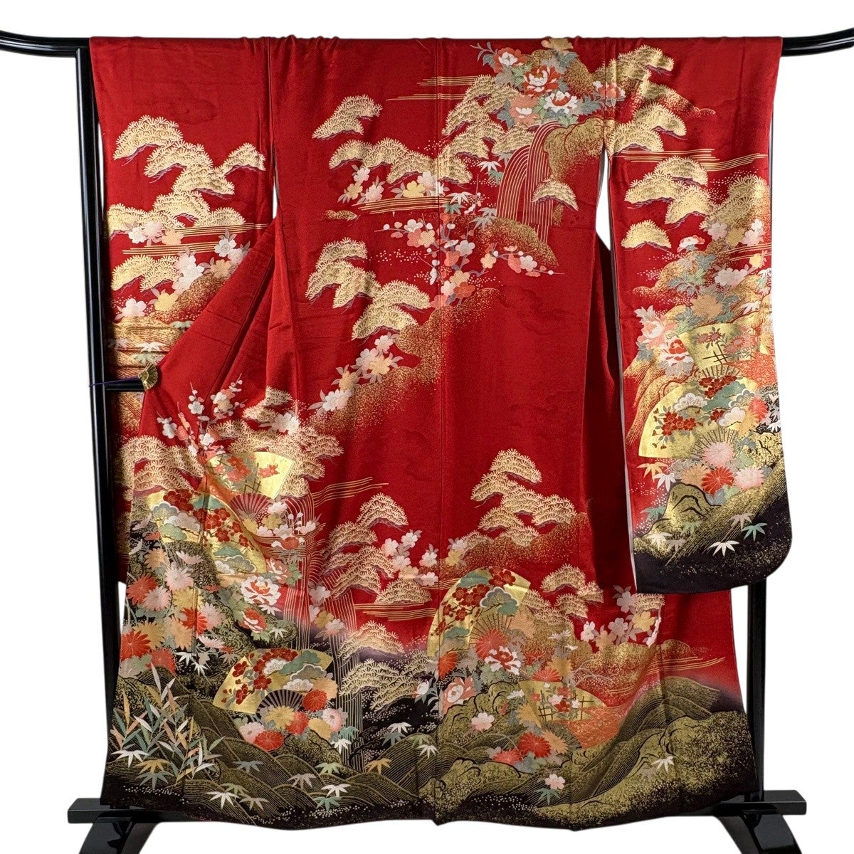 振袖 身丈171cm 裄丈68cm L 袷 扇面 草花 金糸 金彩 茶紫 正絹 秀品
