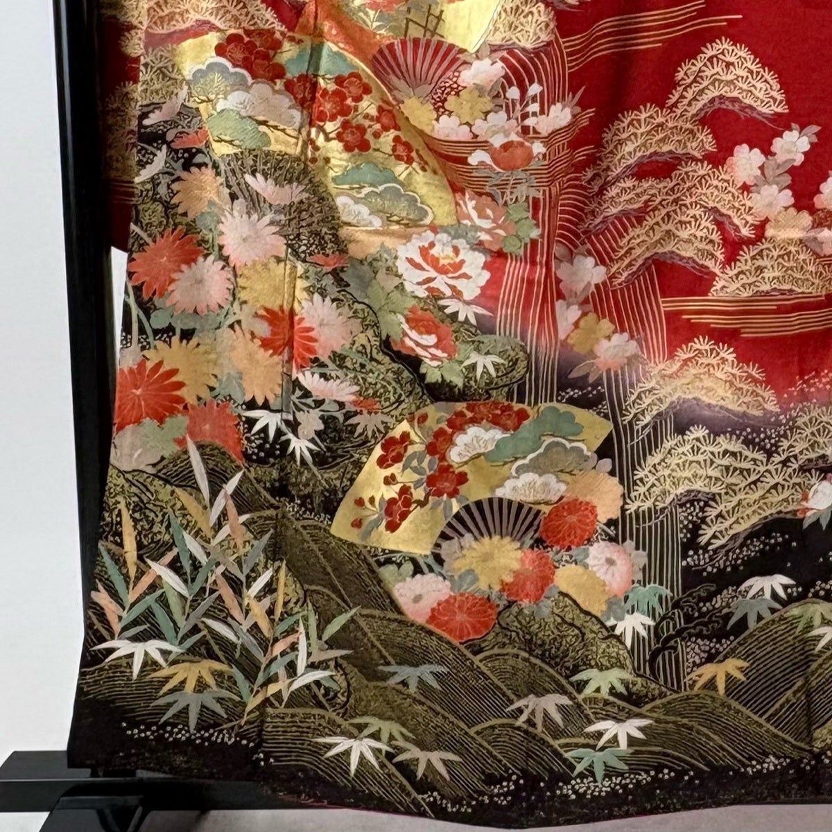 振袖 身丈159cm 裄丈66cm M 袷 扇 松竹梅 金糸 金彩 赤 正絹 秀品