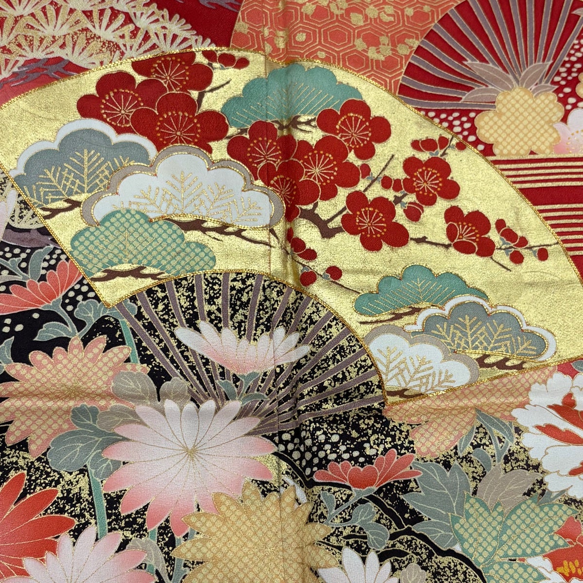 振袖 身丈159cm 裄丈66cm M 袷 扇 松竹梅 金糸 金彩 赤 正絹 秀品
