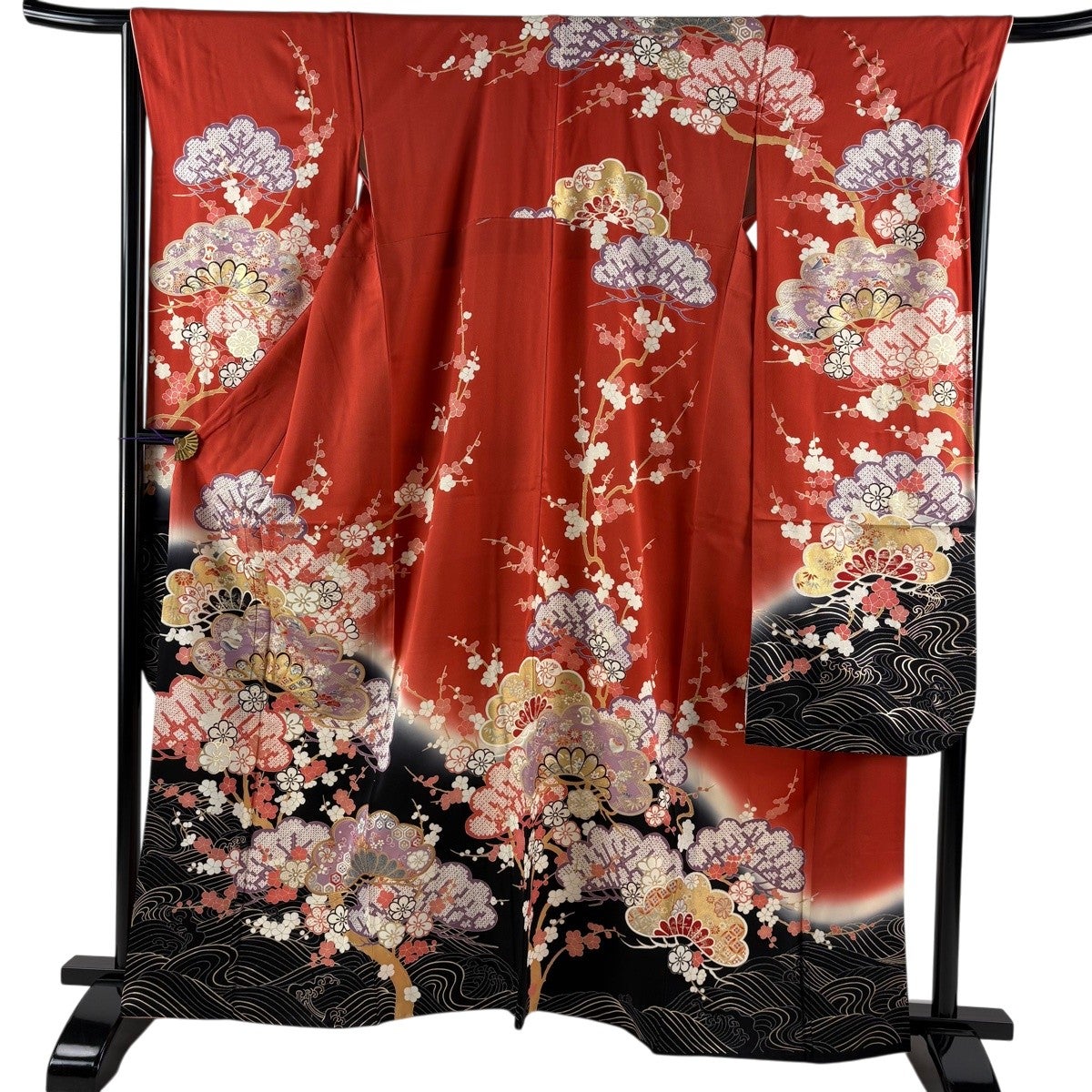 振袖フルセット 身丈152.5裄64 黒 桜 金銀彩 成人式 逸品 振袖 身丈157cm 裄丈67cm M 袷 桧扇 桜 金銀糸 金銀彩 茜色 正絹 秀品