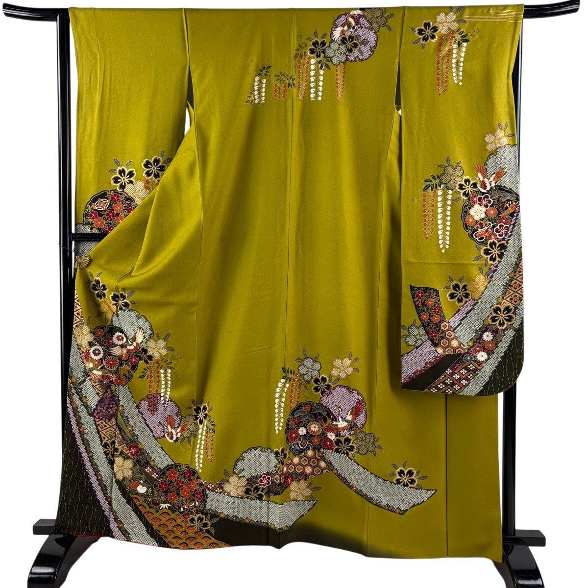 美品】 振袖 身丈167.5cm 裄丈65cm M 袷 幾何学模様 金彩 緑 正絹 秀品