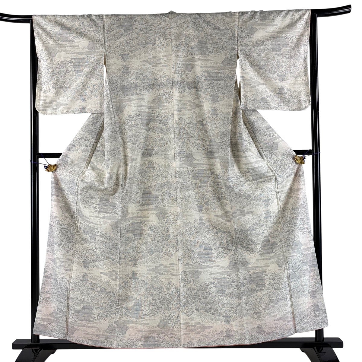 美品！しつけ付き 草木染【単衣 紬】縞ぼかし 灰茶 灰青 灰桜 正絹 真綿紬 紬 身丈159.5cm 裄丈64cm M 単衣 夏紬地 樹木 灰白 正絹 逸品｜中古