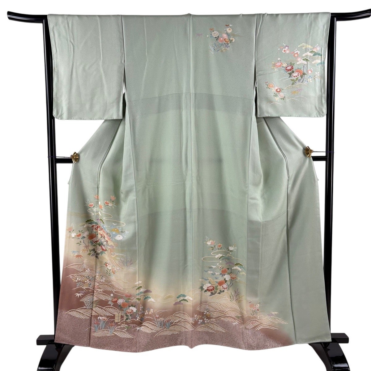 訪問着 着物 裄丈65.5 正絹 スワトウ刺繍 グリーン 花柄 Mサイズ MWR 訪問着 身丈162.5cm 裄丈66cm M 袷 扇面 草花 金彩 ぼかし 薄緑 正絹