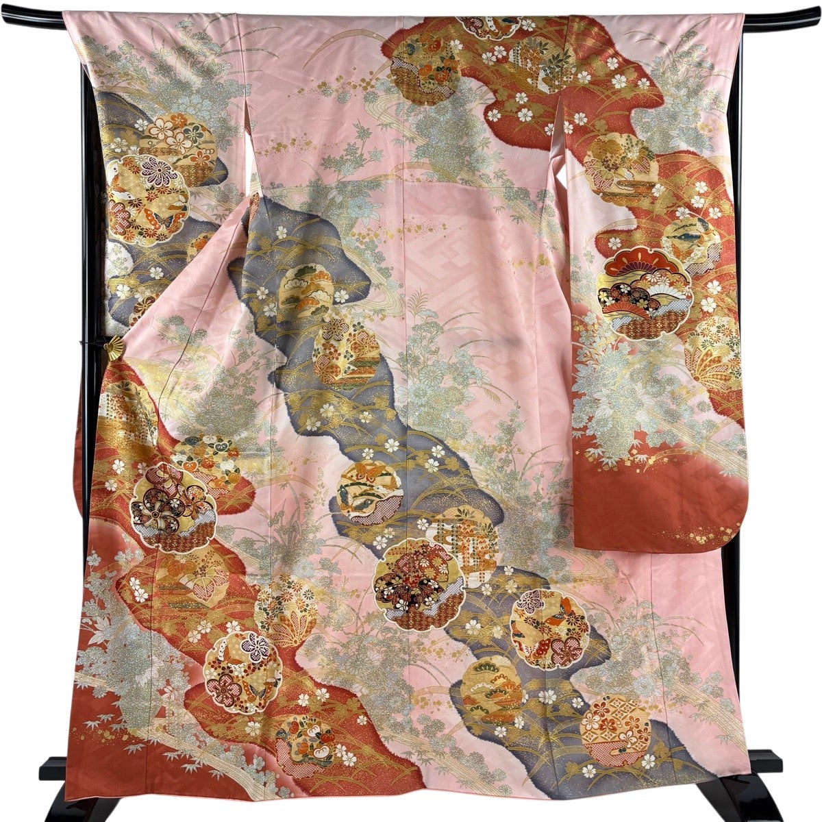 振袖 身丈162cm 裄丈69cm L 袷 桜 雪輪 金通し 金彩 ピンク 正絹 名品