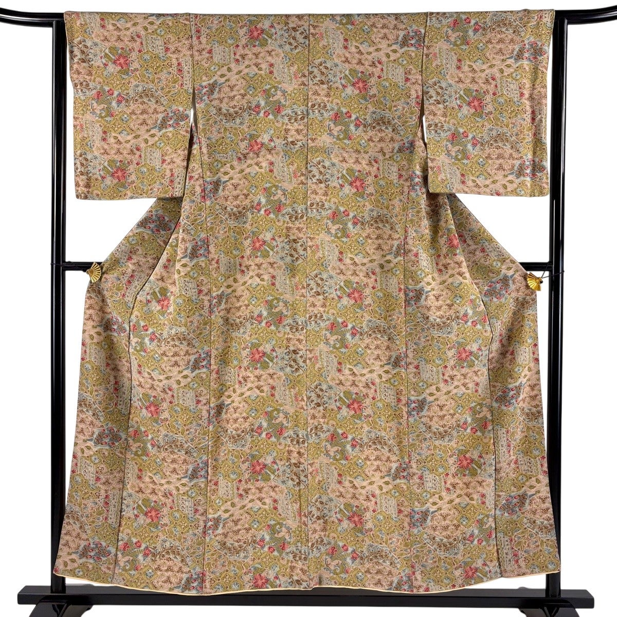 ★美品　小紋　草花模様　裄65cm★ 70%OFF 小紋 身丈157cm 裄丈62cm S 袷 草花 幾何学模様 黄土色 正絹 秀