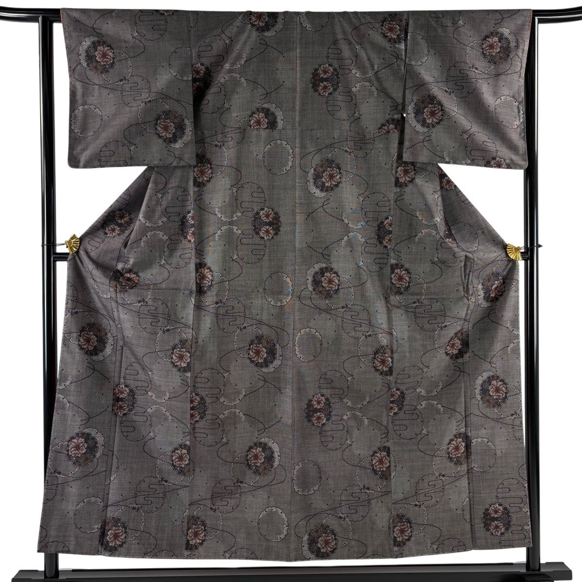 紬 身丈156cm 裄丈63cm S 袷 十字絣 墨色 正絹 秀品｜中古・古着