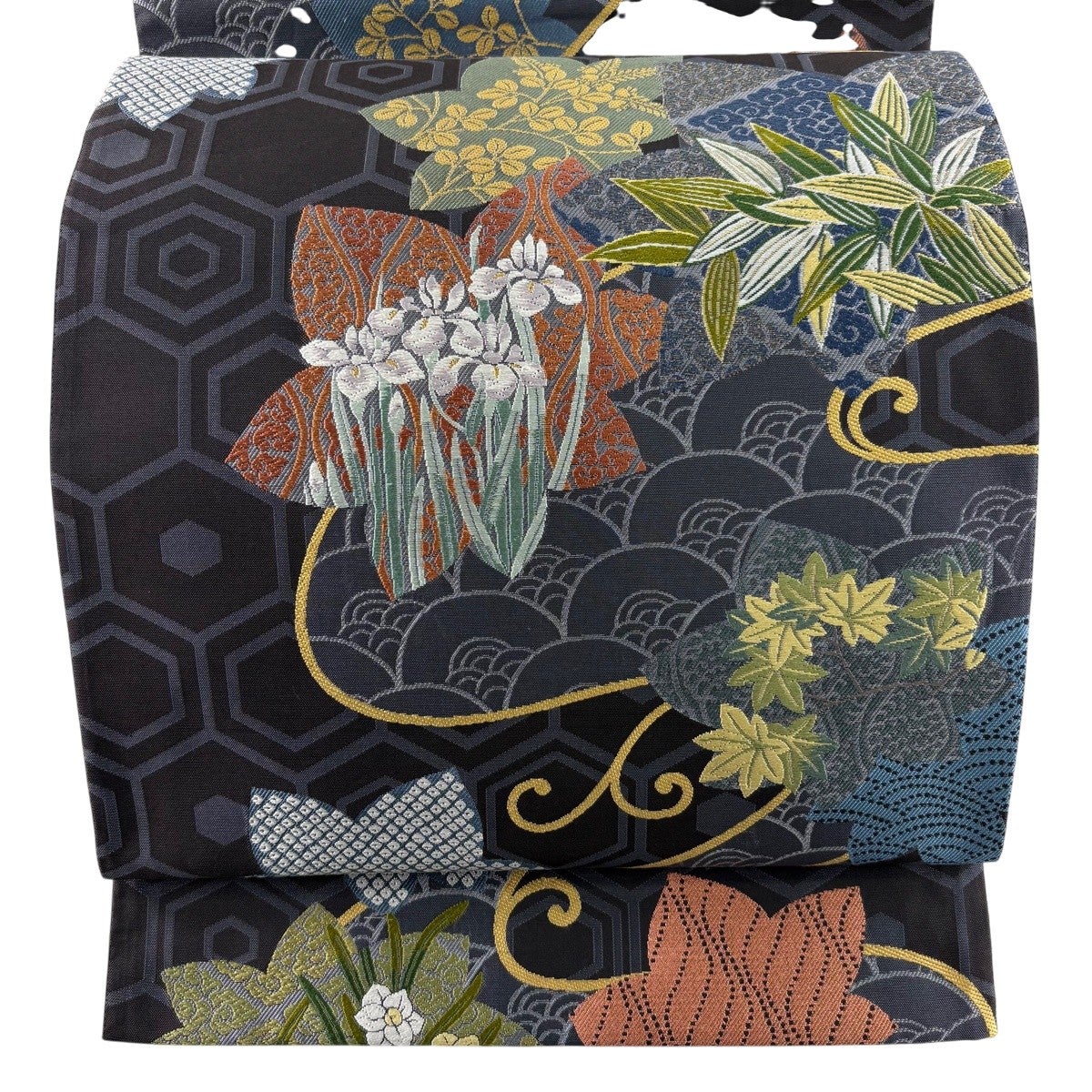 美品】 袋帯 秀品 草花 丸文 金銀糸 箔 金色 六通 正絹｜中古・古着
