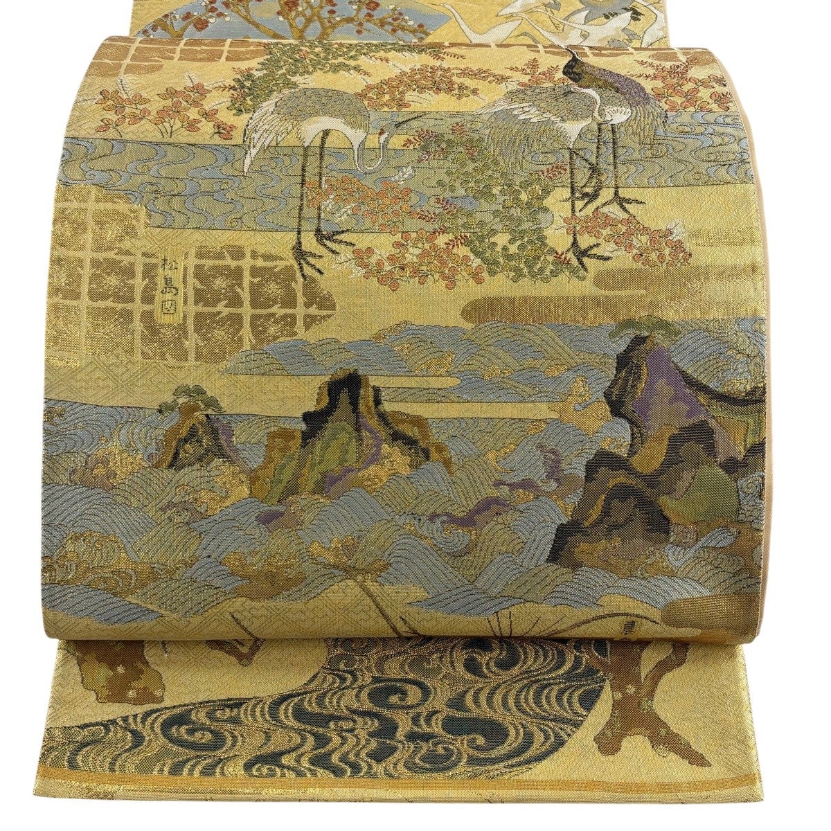 美品】 袋帯 名品 鳳凰 花唐草 箔 金色 全通 正絹｜中古・古着