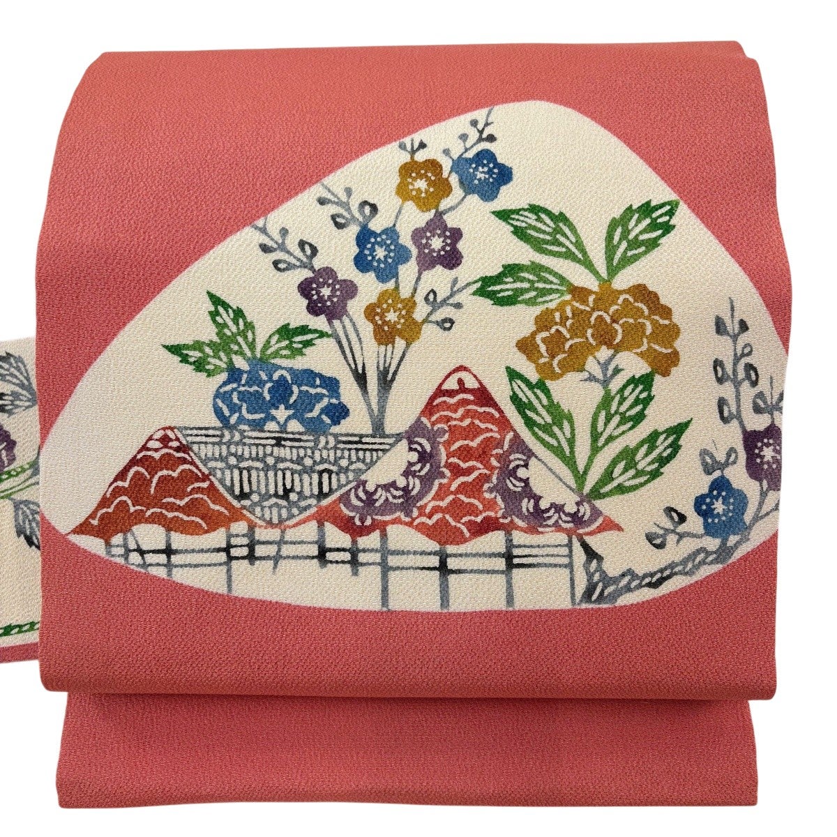 名古屋帯 逸品 人間国宝 羽田登喜男 落款あり 草花 縮緬 ピンク 正絹 