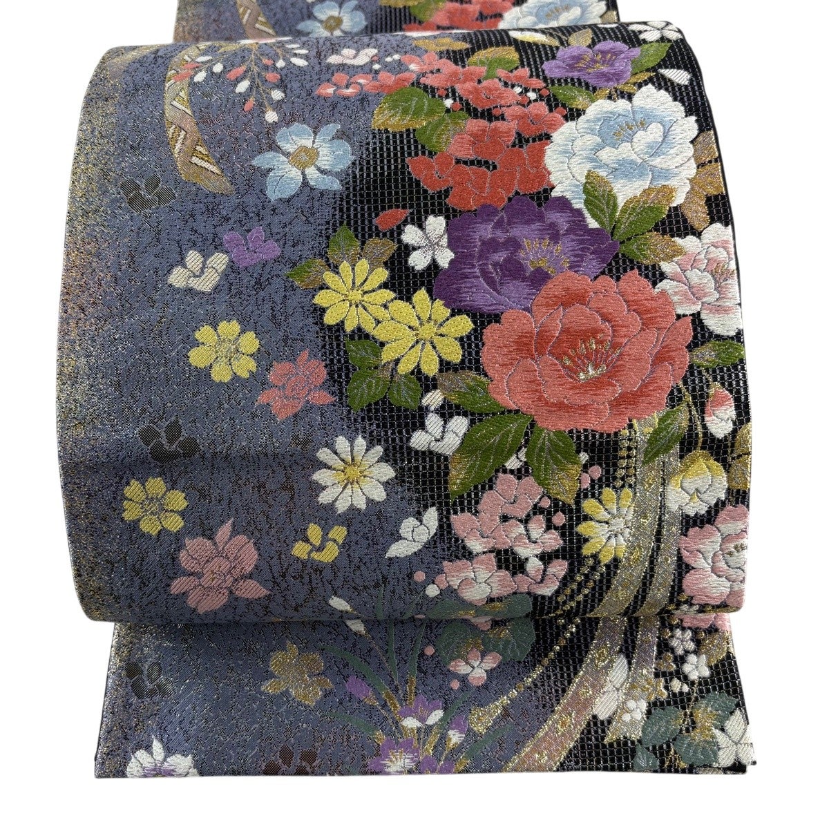 袋帯 名品 夏帯 絽 花唐草 縞 金銀糸 灰紫 六通 正絹｜中古・古着
