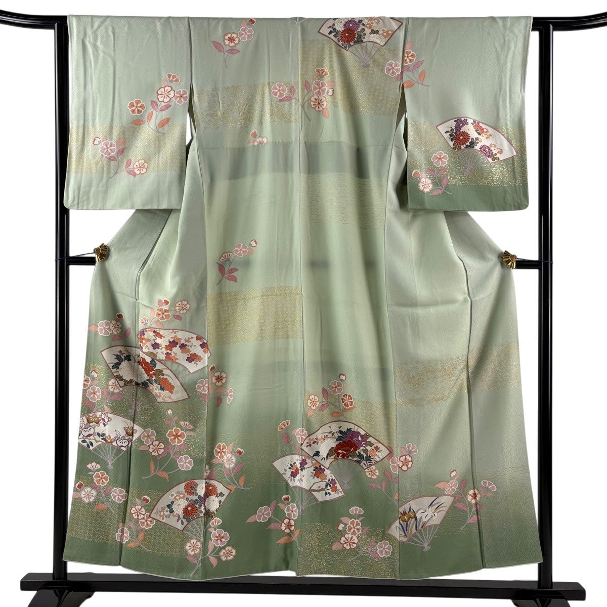 草花 袷 金彩 正絹 訪問着 M 薄緑 ぼかし 扇面 裄丈66cm 身丈162.5cm 