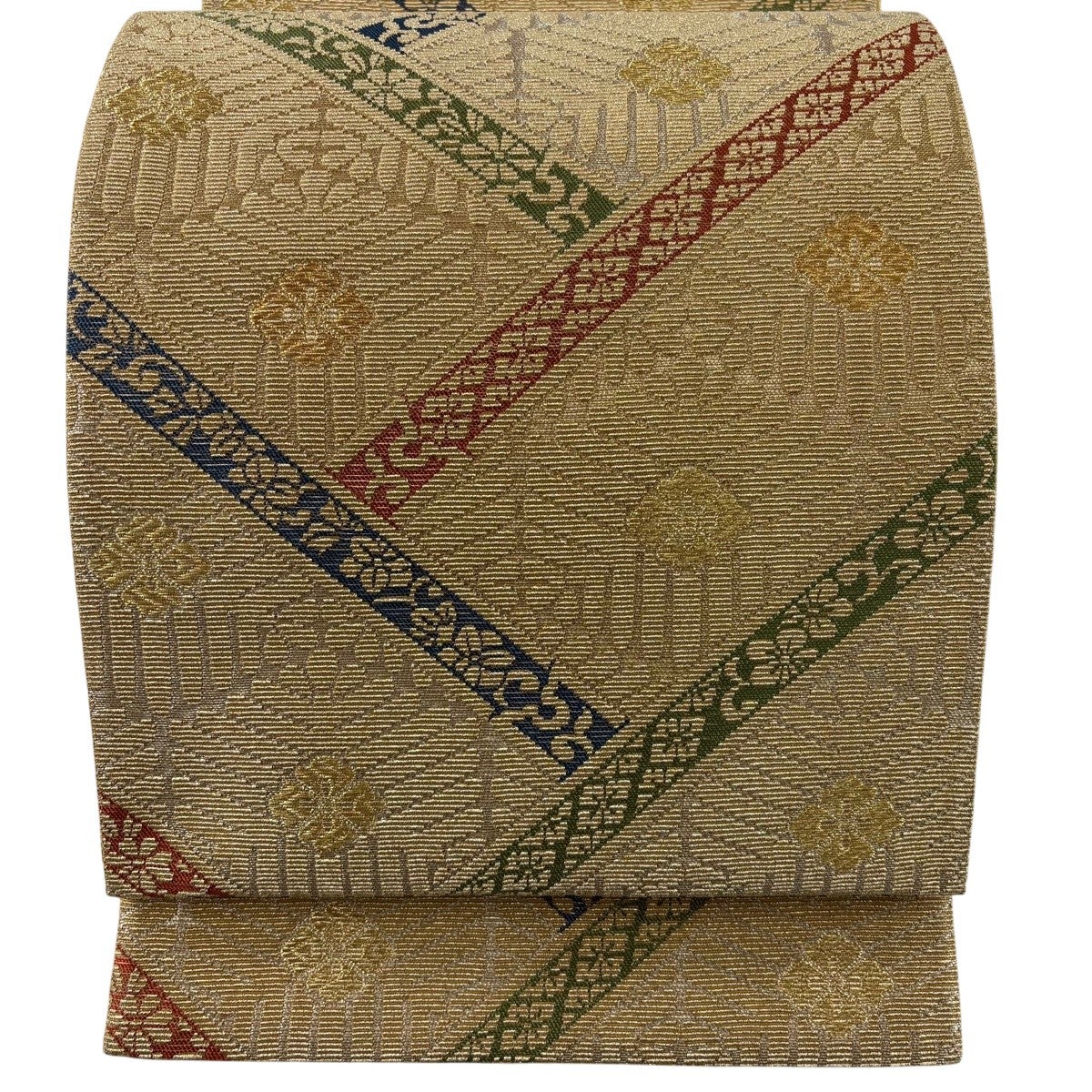 美品】 袋帯 名品 桜 金糸 薄黄土色 六通 正絹｜中古・古着