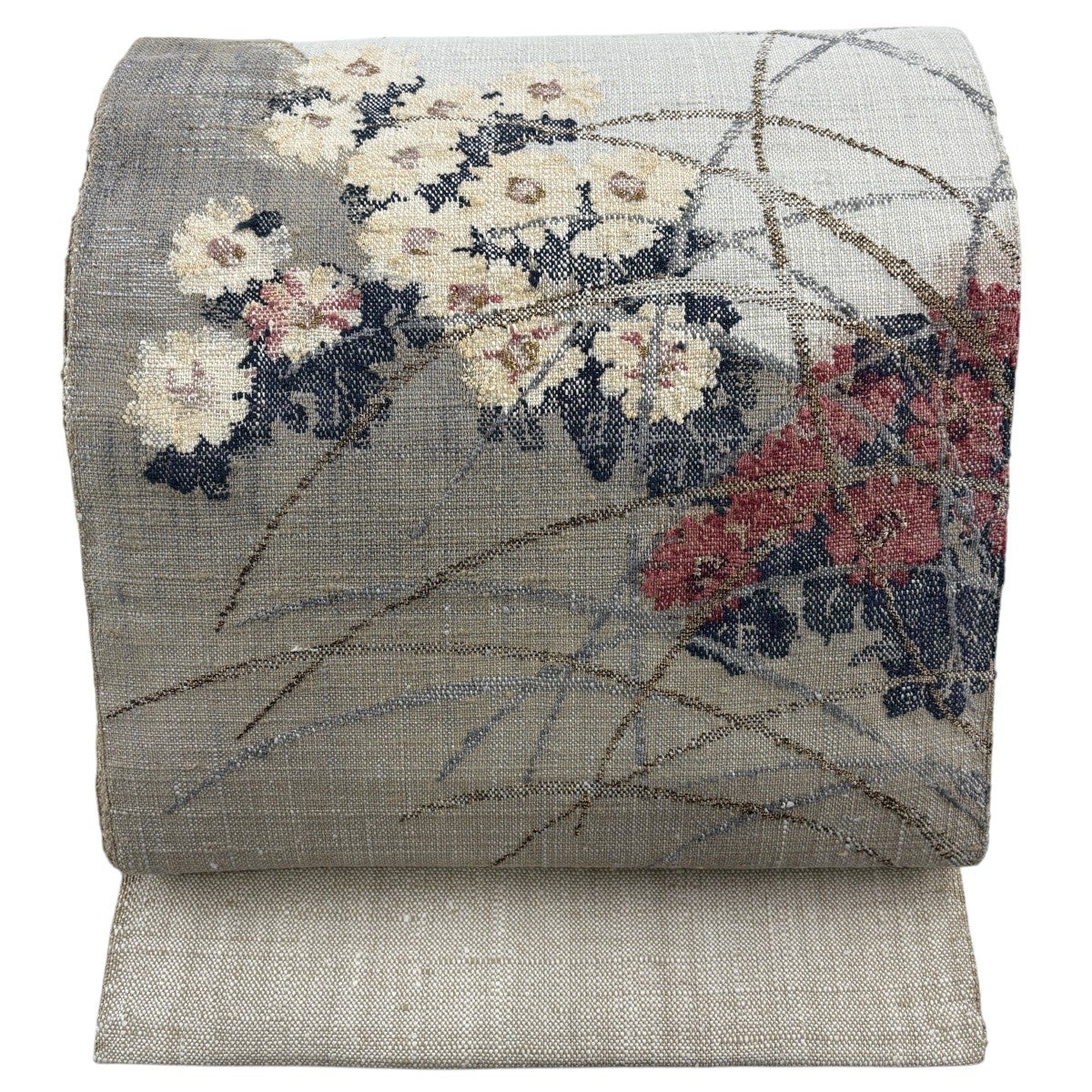 名古屋帯 秀品 夏帯 葉柄 刺繍 金糸 灰茶 正絹｜中古・古着