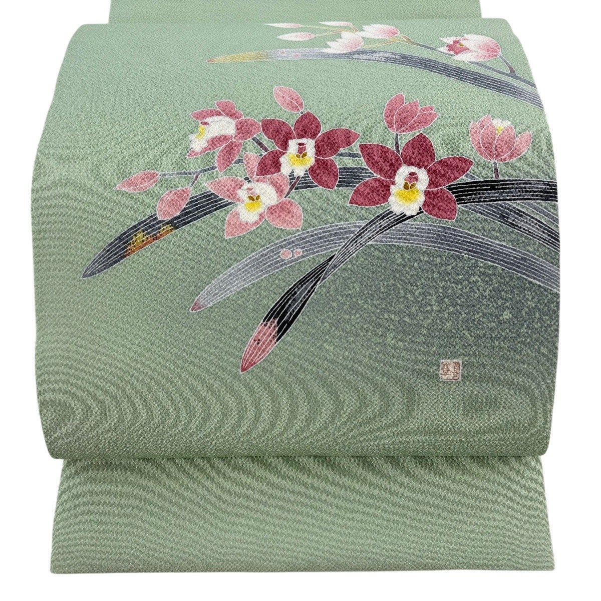 名古屋帯　縮緬　辻ヶ花　長尺 美品】 開き名古屋帯 逸品 落款あり 水野保 辻が花 ぼかし 縮緬 薄茶色