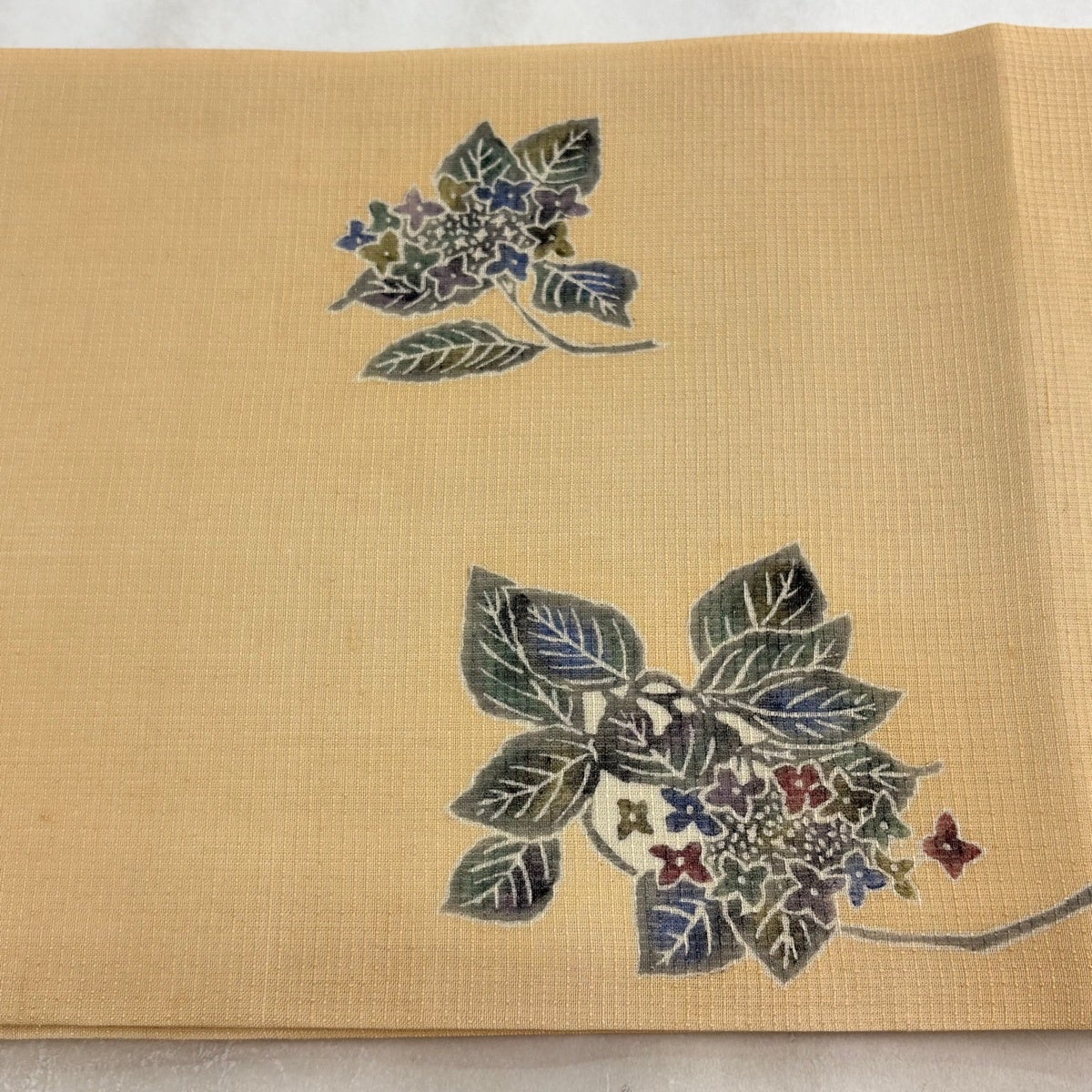 美品】 開き名古屋帯 逸品 落款あり 川島草苑 夏帯 夏紬地 紫陽花 薄茶