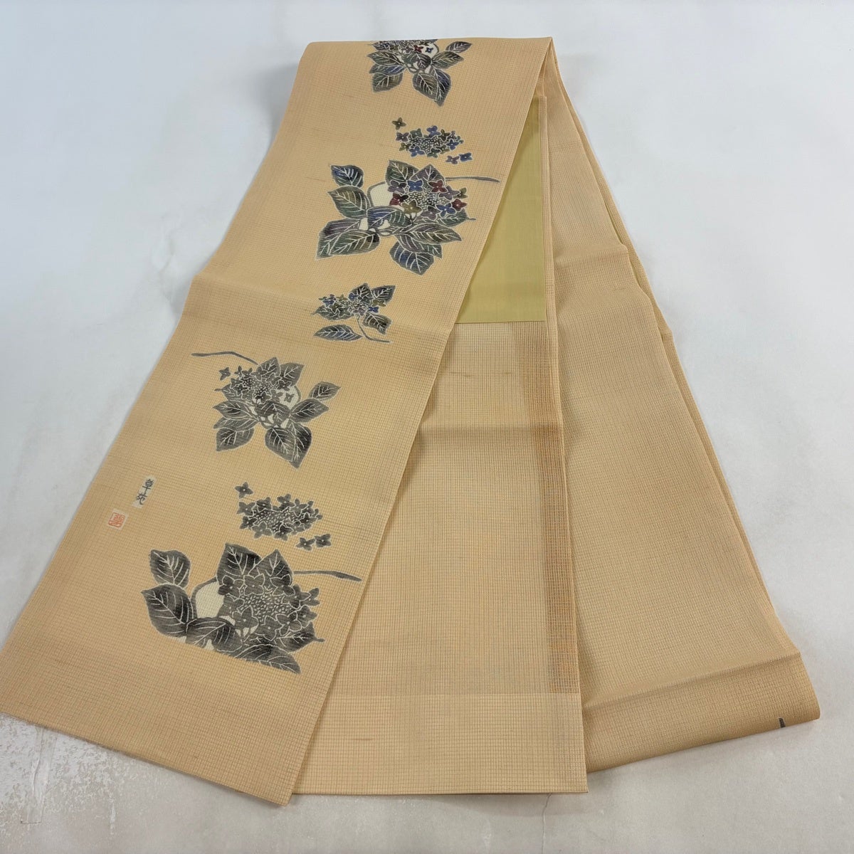 美品】 開き名古屋帯 逸品 落款あり 川島草苑 夏帯 夏紬地 紫陽花 薄茶