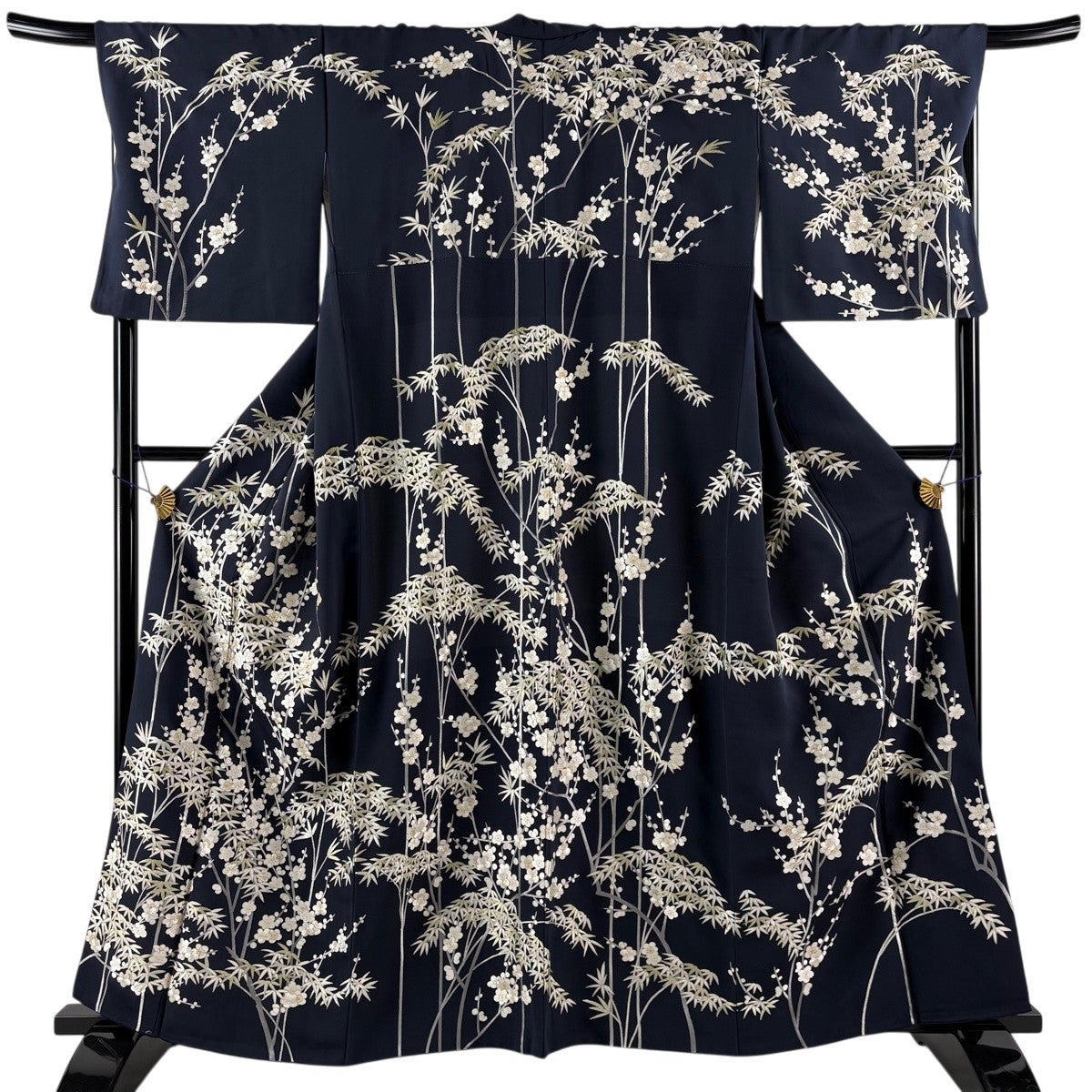 訪問着 身丈160cm 裄丈68cm L 袷 枝梅 笹 刺繍 金糸 濃紺 正絹 逸品