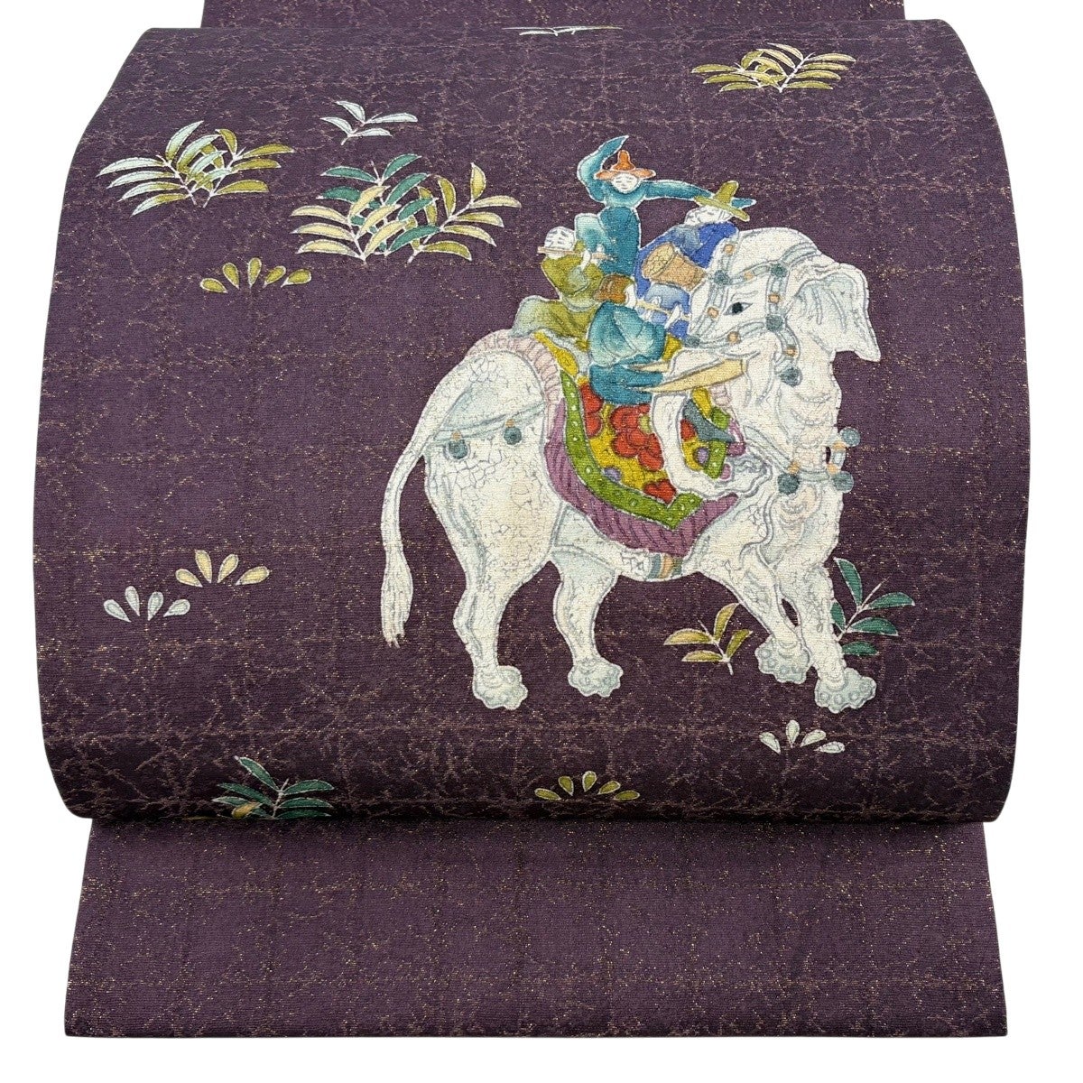美品】 開き名古屋帯 秀品 草花 打ち出の小槌 相良刺繍 赤紫 正絹