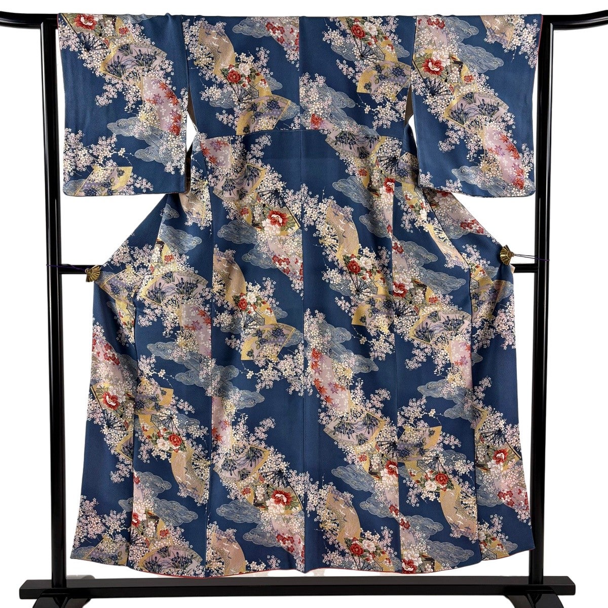 小紋 身丈159.5cm 裄丈66cm M 袷 雲文 花籠 金彩 クリーム 正絹 優品
