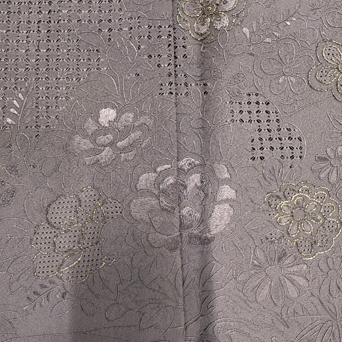 訪問着 身丈159cm 裄丈67cm M 袷 松竹梅 鳥 刺繍 金糸 灰紫 正絹 名品