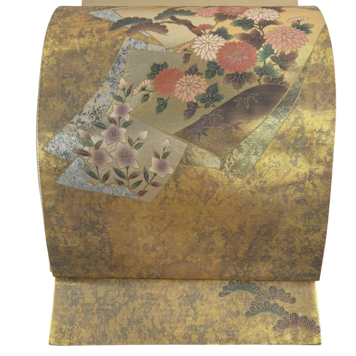 袋帯 秀品 落款あり 松竹梅 波 金銀彩 螺鈿 金色 お太鼓柄 正絹｜中古